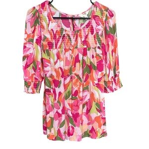 Terra & Sky Pink and Green Smocked Floral Top Woman’s Size 0X